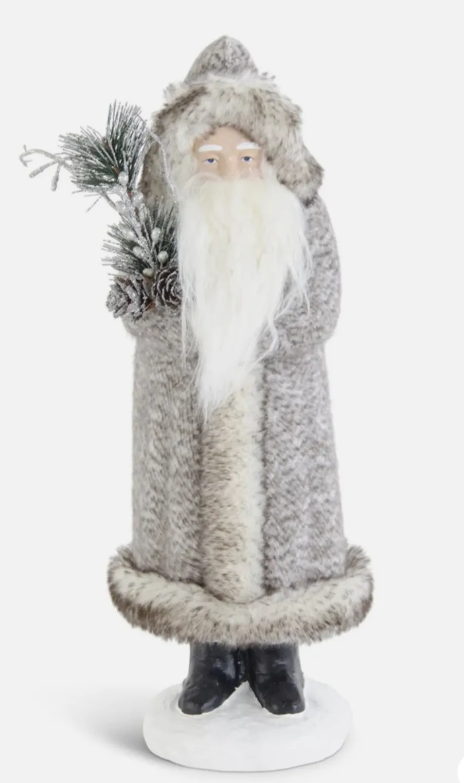 10 Inch Gray Fur Coat Santa w/Pine