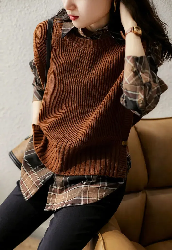 2024 Spring And Autumn New Round Neck Solid Color Side Button Anti-Pilling Women's Slim Vest Sweater