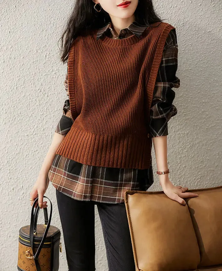 2024 Spring And Autumn New Round Neck Solid Color Side Button Anti-Pilling Women's Slim Vest Sweater