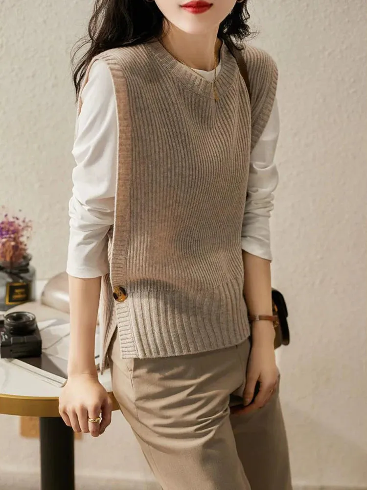 2024 Spring And Autumn New Round Neck Solid Color Side Button Anti-Pilling Women's Slim Vest Sweater