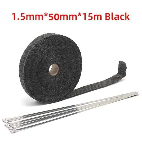 5cm*5M/10M/15M Motorcycle Exhaust Heat Shield Thermal Exhaust Tape Fiberglass Heat Wrap Pipe Heat Insulation with Stainless Ties