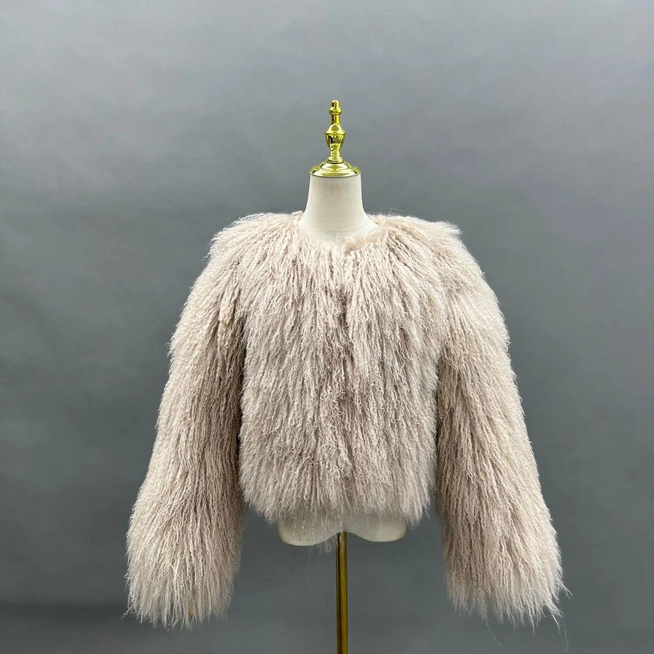 Beige Luxury Mongolian Lamb Fur Coat