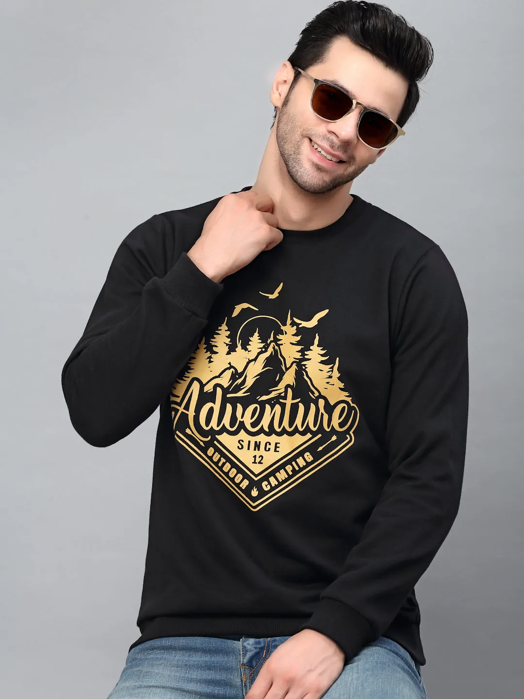 Black Round Neck Printed Fleece Sweatshirt