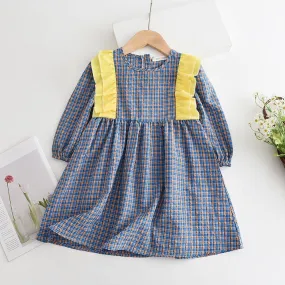 Blue Checked Long Sleeve Girl's Dress