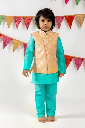 Blue Designer Party Wear Kurta For Boys With Banarasi Silk Over Coat