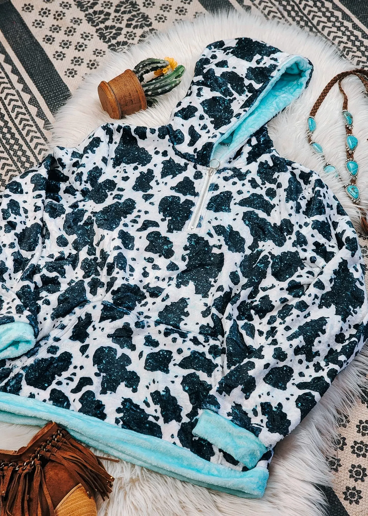 Cowprint & Turquoise Fleece Zip Hoodie