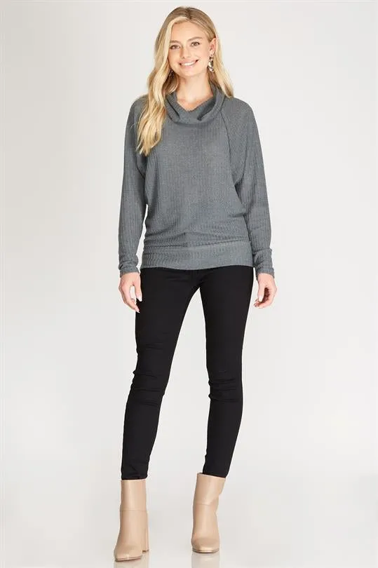 LONG SLEEVE BRUSHED THERMAL KNIT COWL NECK TOP