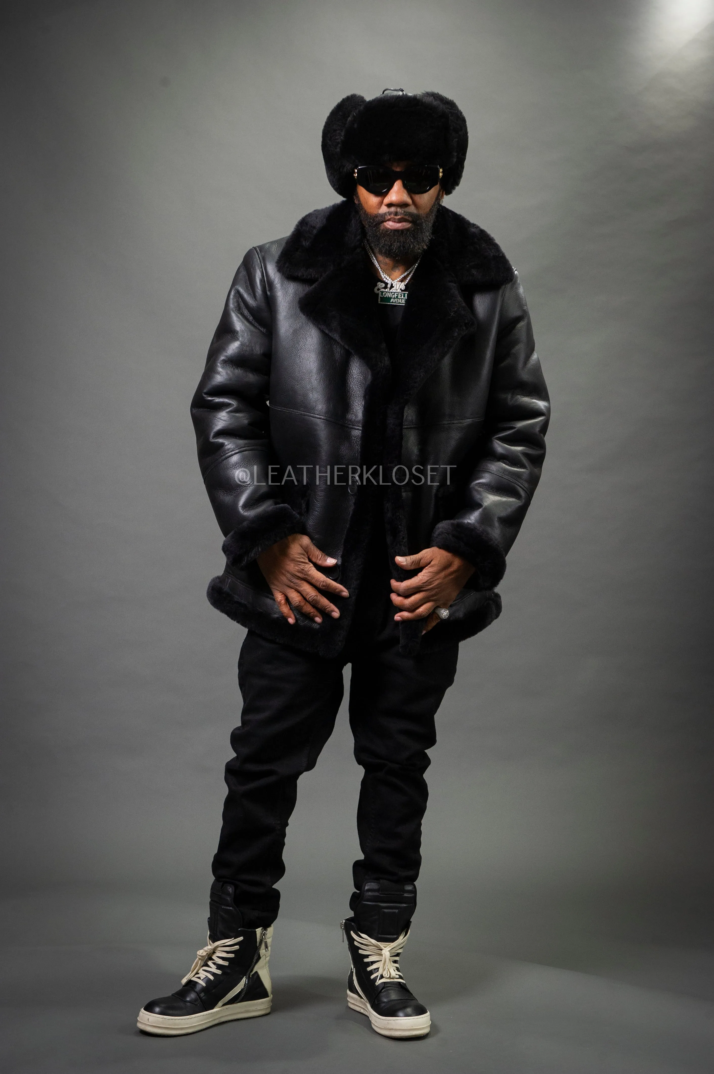 Mens Black Asher Sheepskin Shearling Coat with Matching Hat