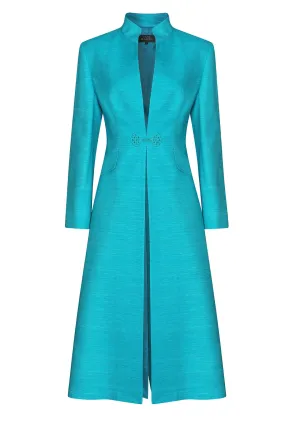 Midi Length Dress Coat in Turquoise Silk Tussar - Vanessa