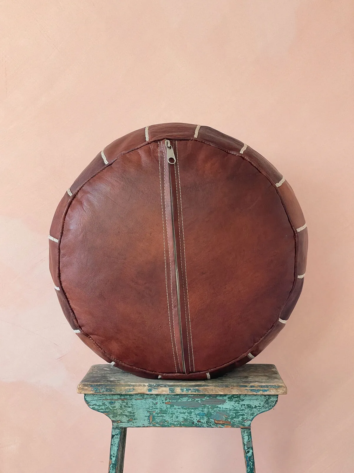 Moroccan Leather Pouffe, Chestnut