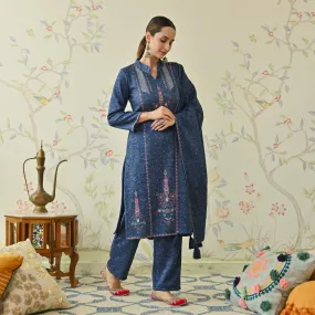 Navy Blue Embroidered Woollen Kurta Pant Set with Dupatta