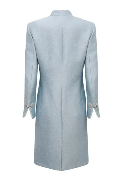 Pale Blue Dress Coat in Silk Brocade with Cord Trim and Frogging - Vicky