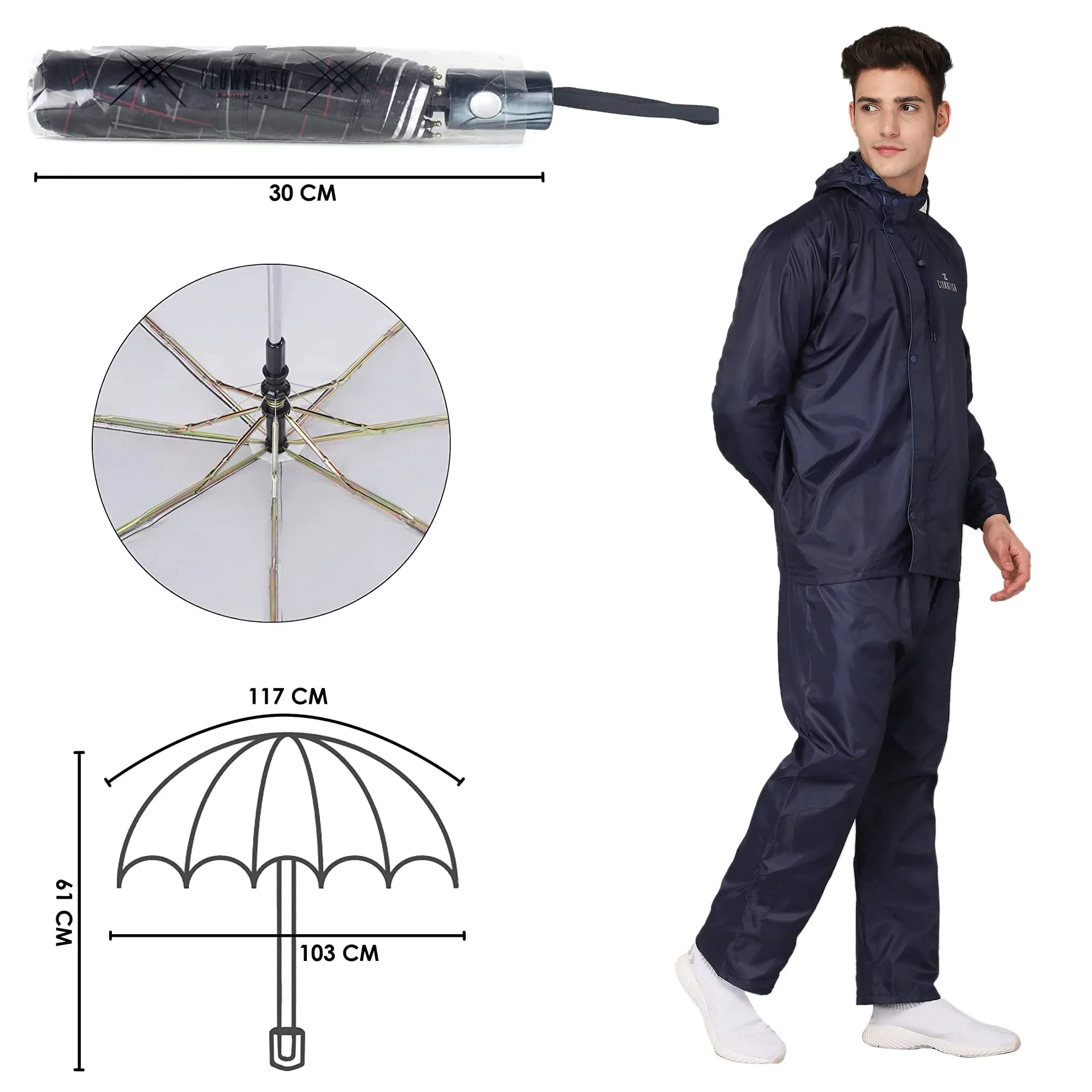 THE CLOWNFISH Combo Of Rain Coat for Men Waterproof Polyester (Blue L) Umbrella 3 Fold Waterproof Pongee (Checks Design- Dark Pink)