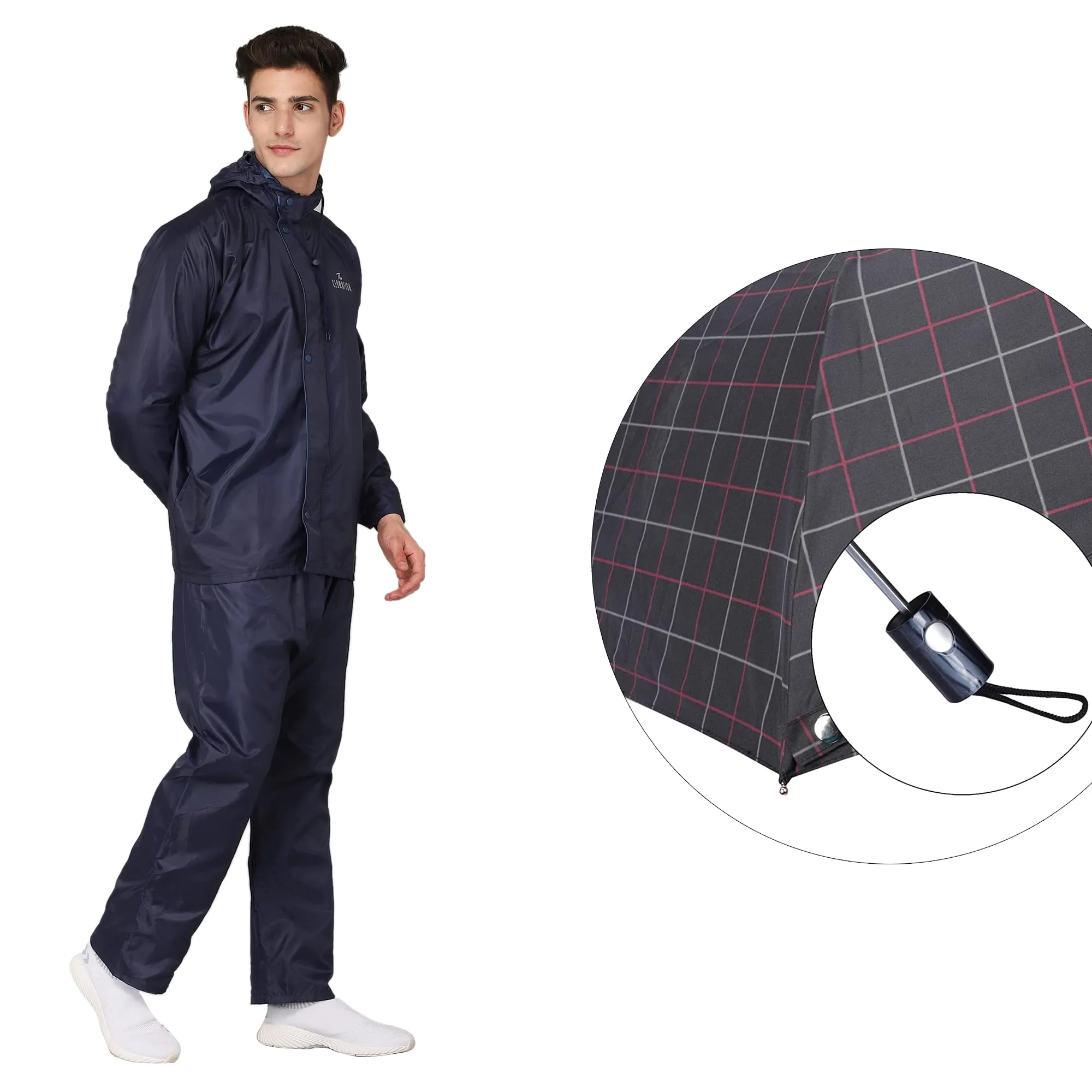 THE CLOWNFISH Combo Of Rain Coat for Men Waterproof Polyester (Blue L) Umbrella 3 Fold Waterproof Pongee (Checks Design- Dark Pink)