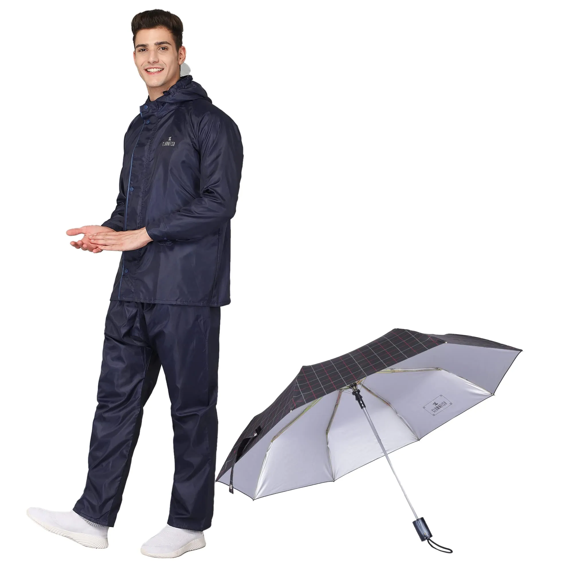 THE CLOWNFISH Combo Of Rain Coat for Men Waterproof Polyester (Blue L) Umbrella 3 Fold Waterproof Pongee (Checks Design- Dark Pink)