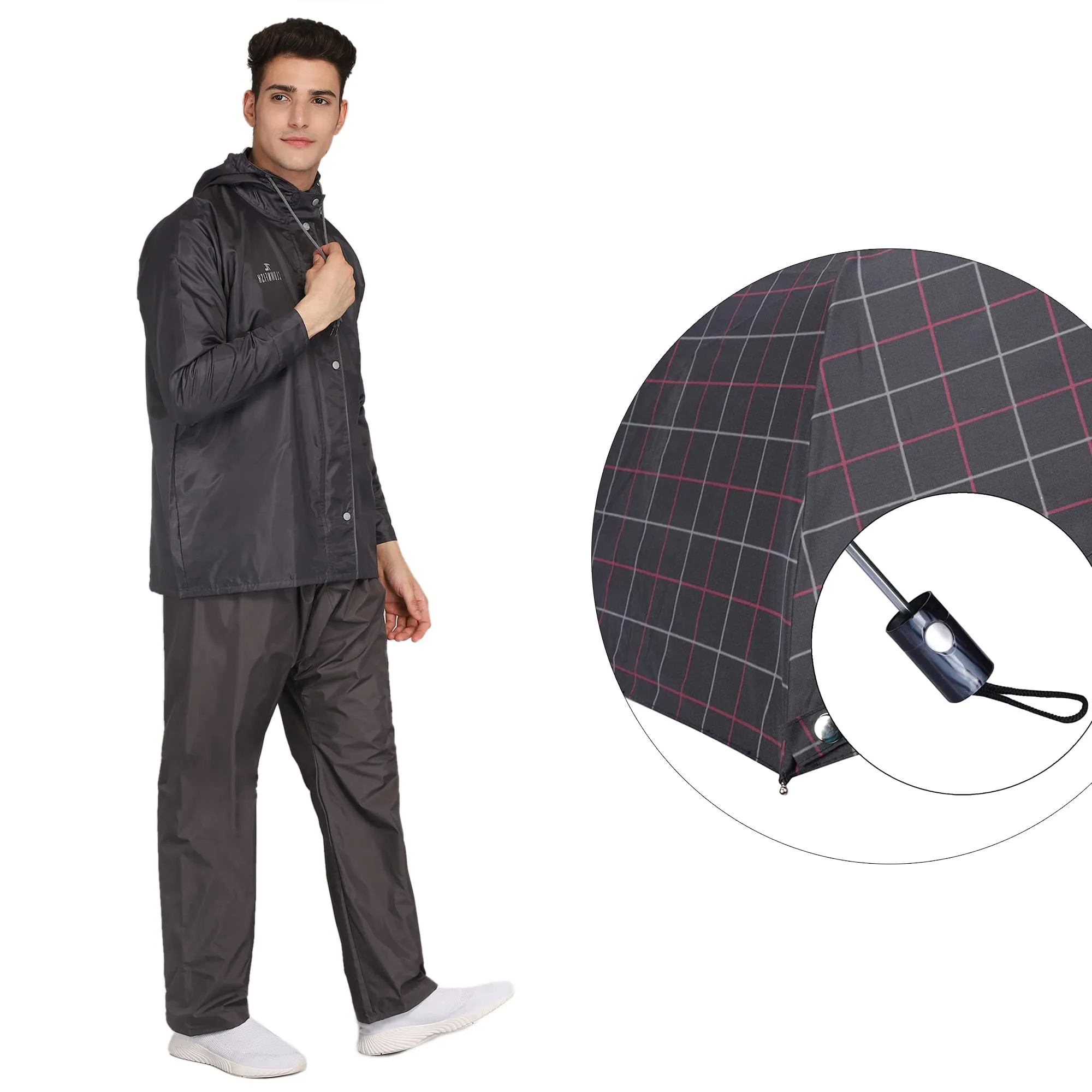 THE CLOWNFISH Combo Of Rain Coat for Men Waterproof Polyester (Grey 3XL) Umbrella 3 Fold Waterproof Pongee (Checks Design- Dark Pink)