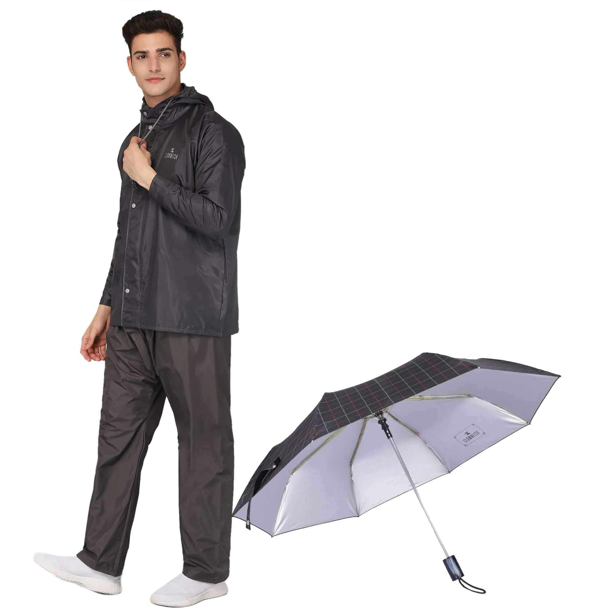 THE CLOWNFISH Combo Of Rain Coat for Men Waterproof Polyester (Grey 3XL) Umbrella 3 Fold Waterproof Pongee (Checks Design- Dark Pink)