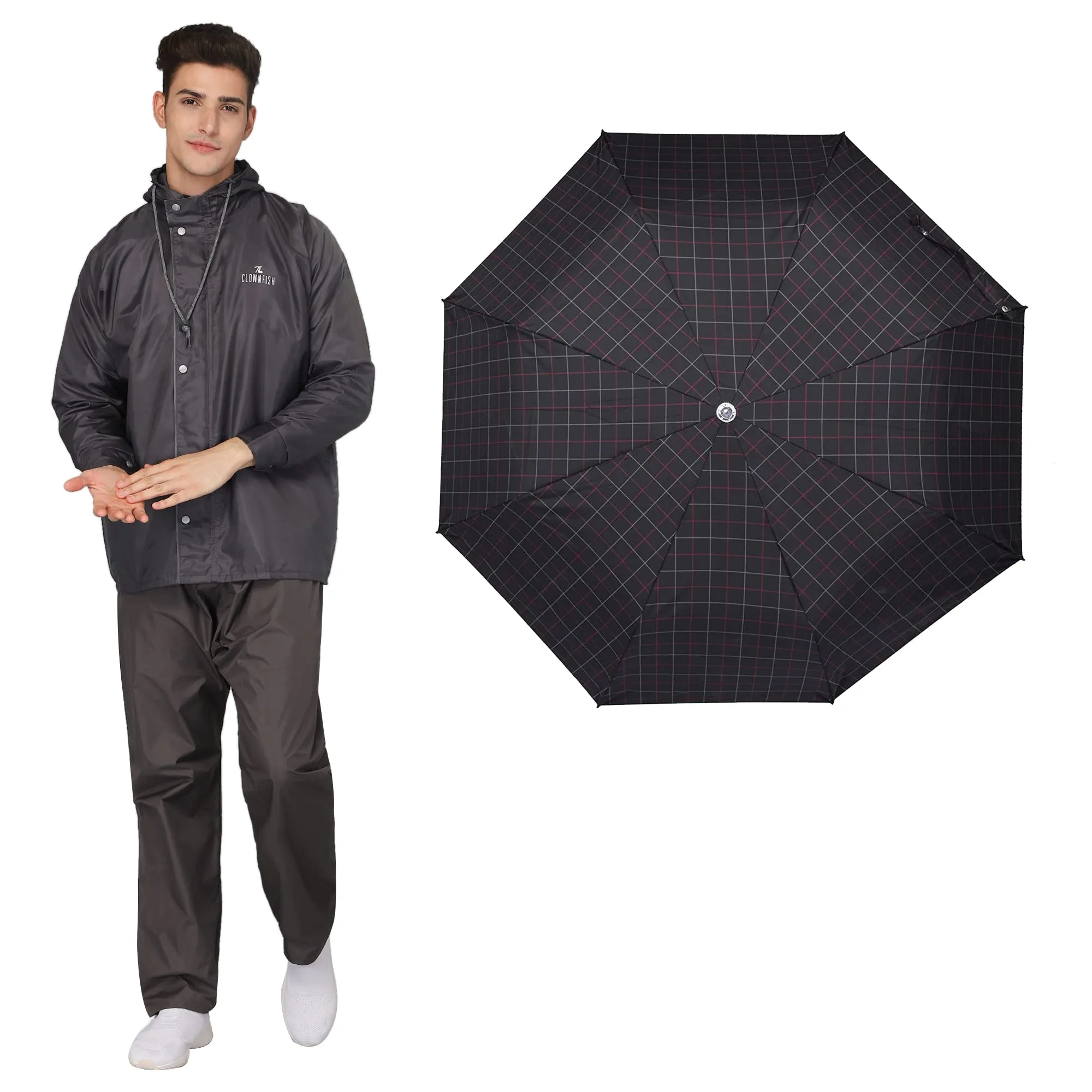 THE CLOWNFISH Combo Of Rain Coat for Men Waterproof Polyester (Grey 3XL) Umbrella 3 Fold Waterproof Pongee (Checks Design- Dark Pink)