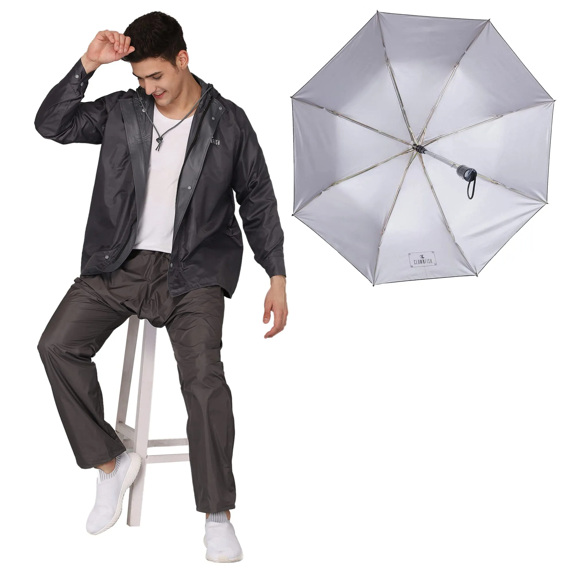 THE CLOWNFISH Combo Of Rain Coat for Men Waterproof Polyester (Grey 3XL) Umbrella 3 Fold Waterproof Pongee (Checks Design- Dark Pink)