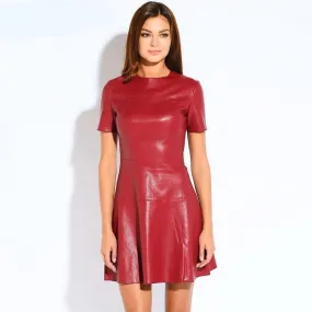 Women Fashion Leather  A-Line O-Neck Dress