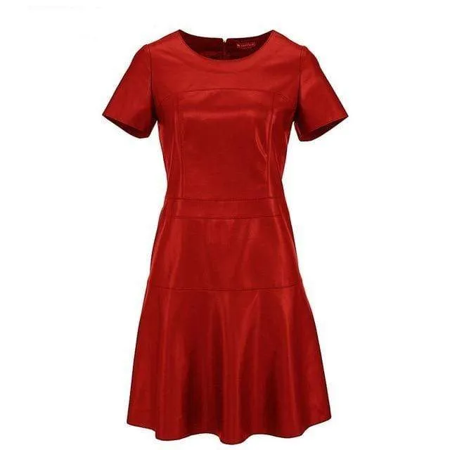 Women Fashion Leather  A-Line O-Neck Dress