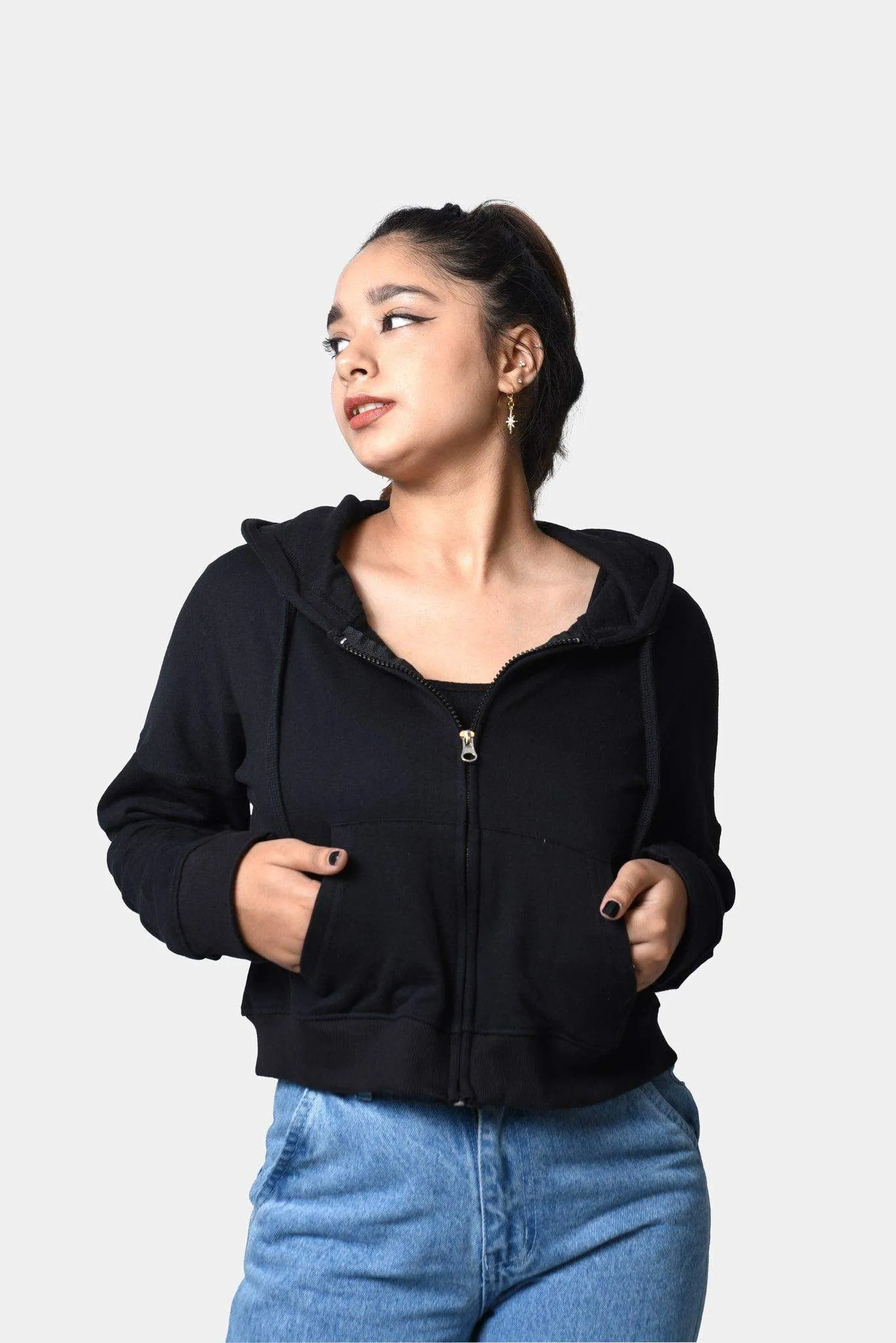 Zipper Crop Hoodie Black - Fleece